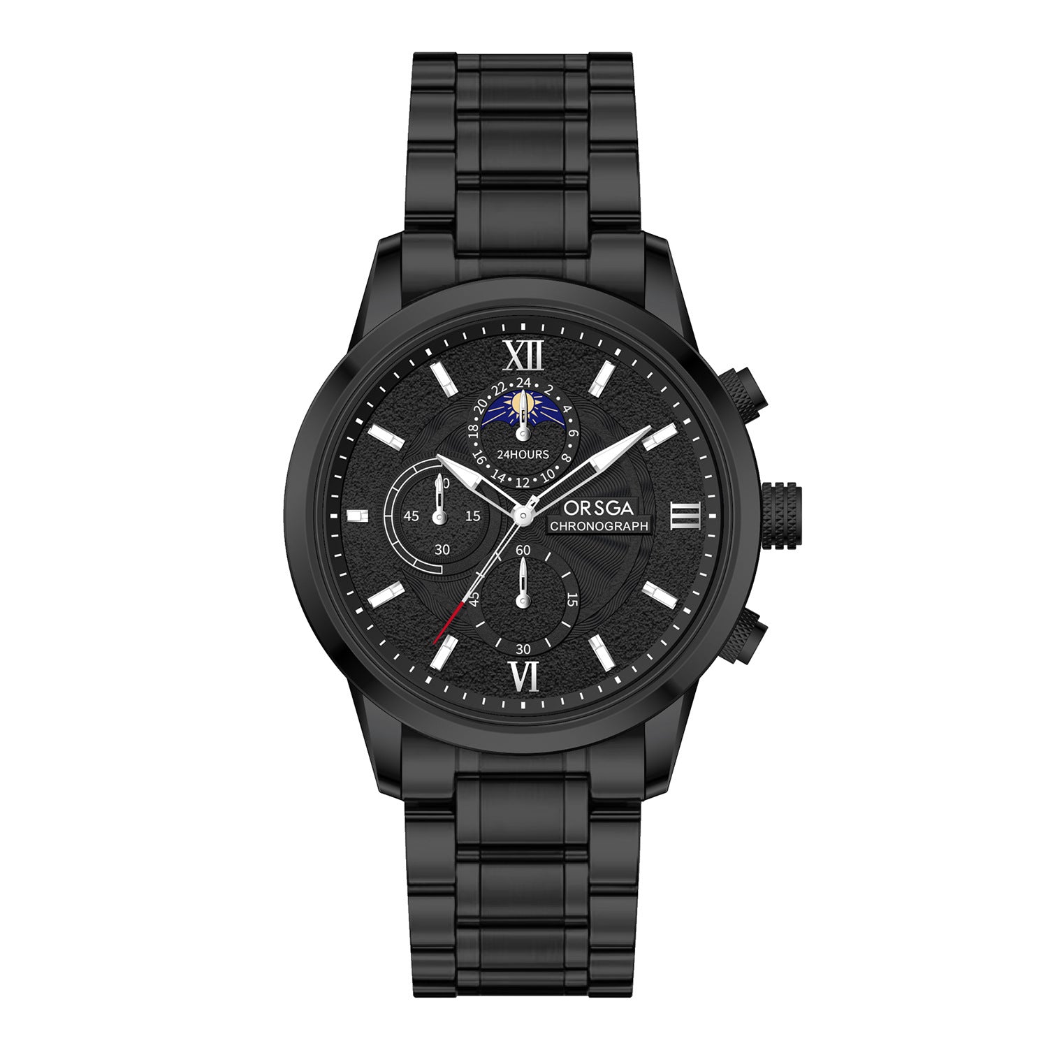 Moon-Phase Chronograph Watch – Men – Black · Black Dial · Steel Bracelet – front