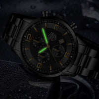 Stainless Steel Chronograph Watch – Men – Black · Black Dial · Gold Hands – luminous hands