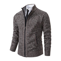Marled Knit Zip Cardigan, Stand Collar – Men – Brown – front