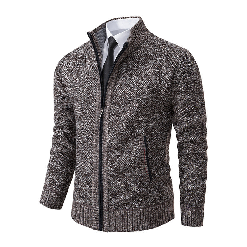 Marled Knit Zip Cardigan, Stand Collar – Men – Brown – front