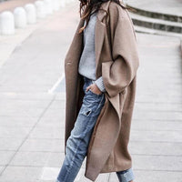 Long Oversized Lapel Coat – Women – Stone – worn