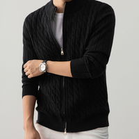 Cable Knit Zip Cardigan, Ribbed Stand Collar – Men – Black – worn