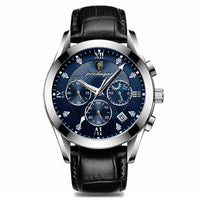 Sapphire-Glass Dress Watch, Date, Leather or Steel – Men – Silver · Blue Dial · Black Leather – front