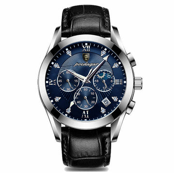 Sapphire-Glass Dress Watch, Date, Leather or Steel – Men – Silver · Blue Dial · Black Leather – front