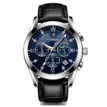 Sapphire-Glass Dress Watch, Date, Leather or Steel – Men – Silver · Blue Dial · Black Leather – front