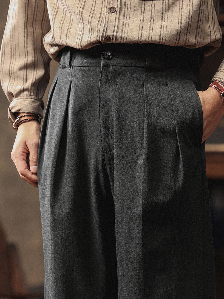 High-Waist Double-Pleat Wide Trousers, 1930s Cut – Men – Charcoal – pleats