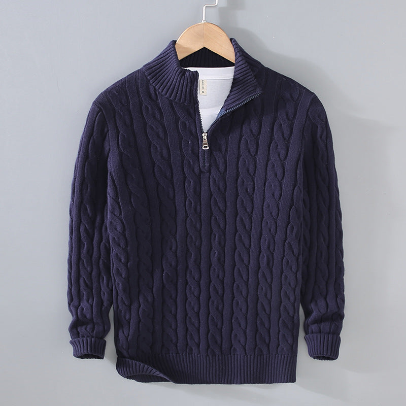 Cable Knit Quarter-Zip Sweater – Men – Navy – front