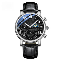 Roman Numeral Moon-Phase Watch – Men – Silver · Black Dial · Black Leather – front