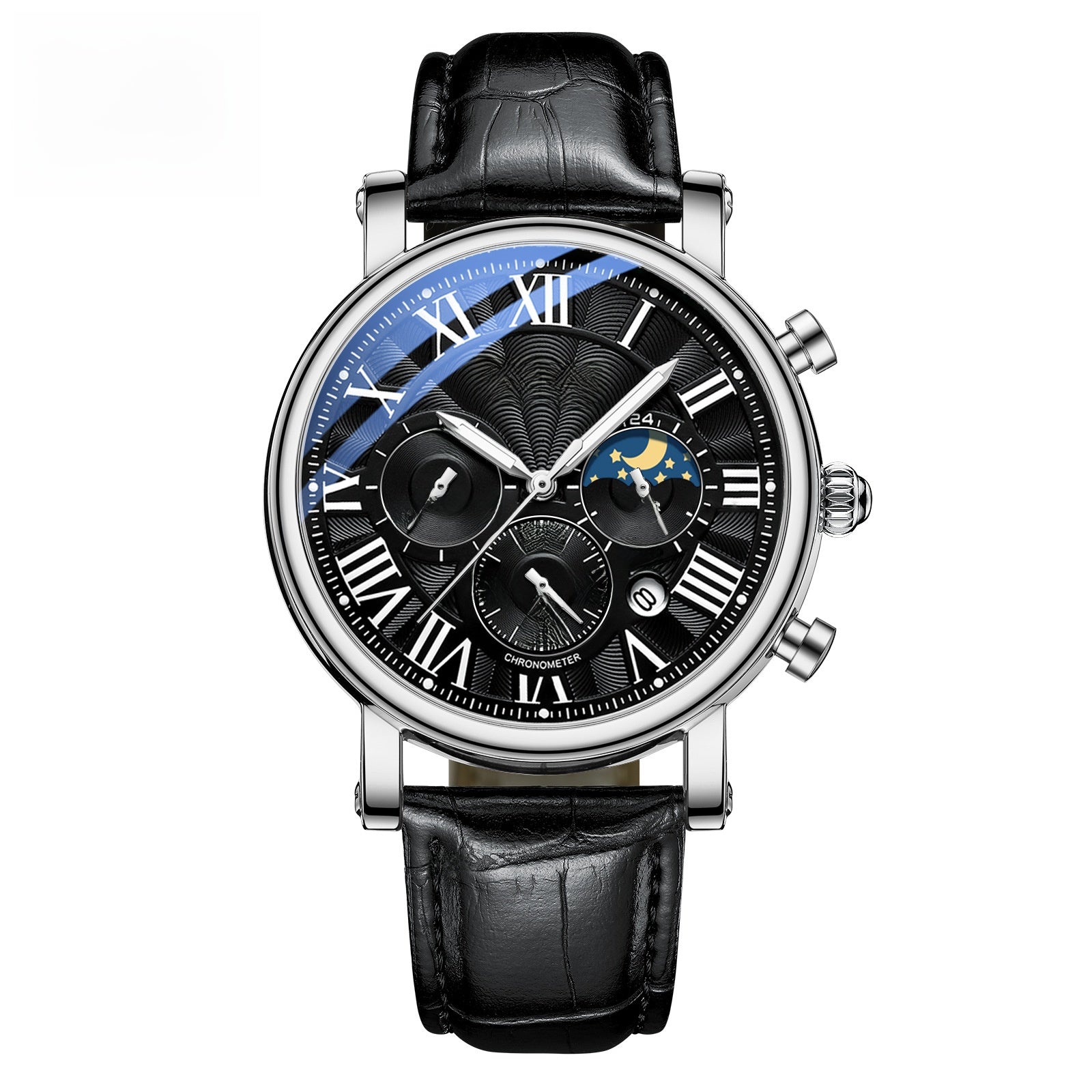 Roman Numeral Moon-Phase Watch – Men – Silver · Black Dial · Black Leather – front