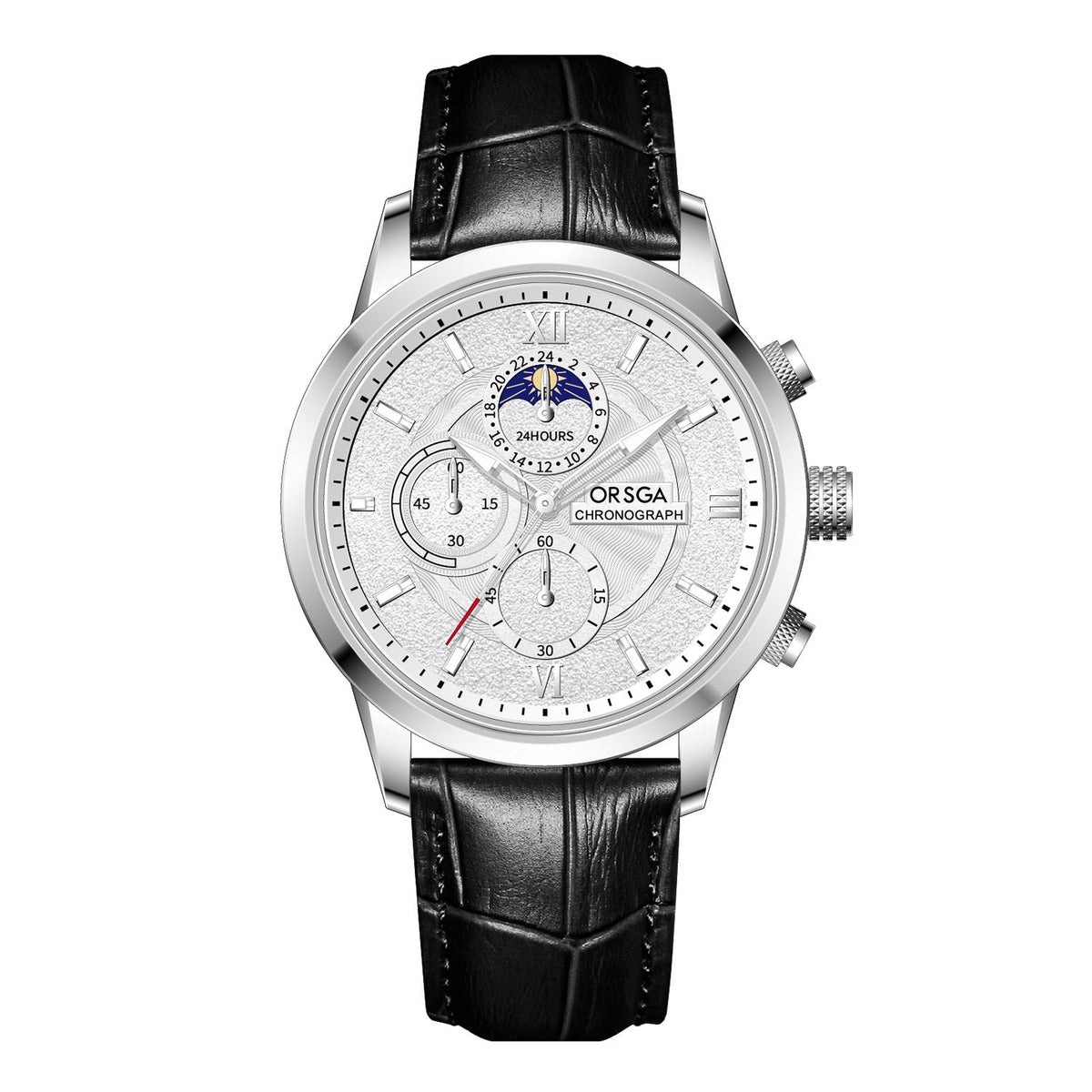 Moon-Phase Chronograph Watch – Men – Silver · White Dial · Black Leather – front