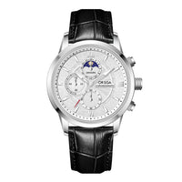 Moon-Phase Chronograph Watch – Men – Silver · White Dial · Black Leather – front