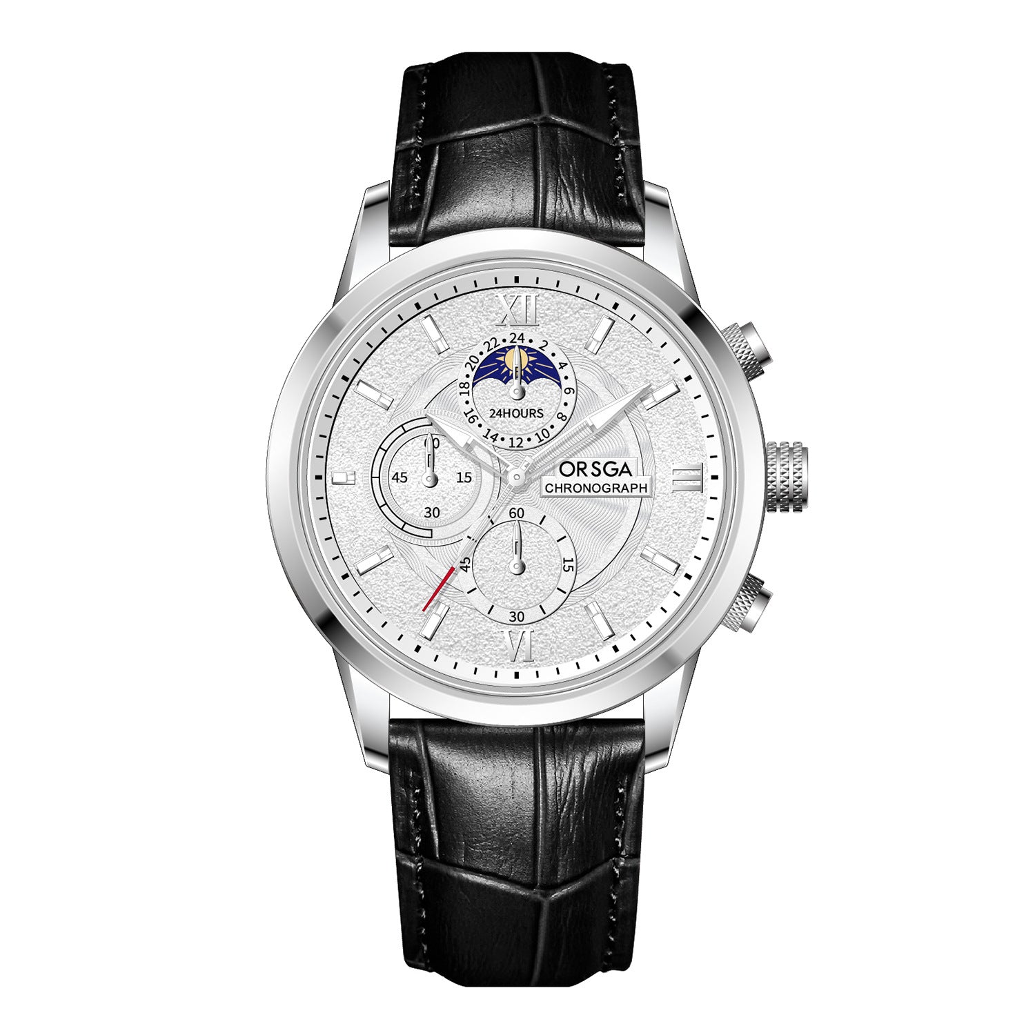 Moon-Phase Chronograph Watch – Men – Silver · White Dial · Black Leather – front