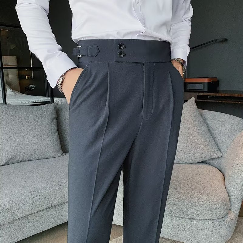 High-Waist Pleated Trousers, Double-Button Waist – Men – Charcoal – front