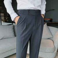 High-Waist Pleated Trousers, Double-Button Waist – Men – Charcoal – front