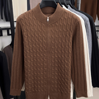 Cable Knit Zip Cardigan, Ribbed Stand Collar – Men – Brown – front