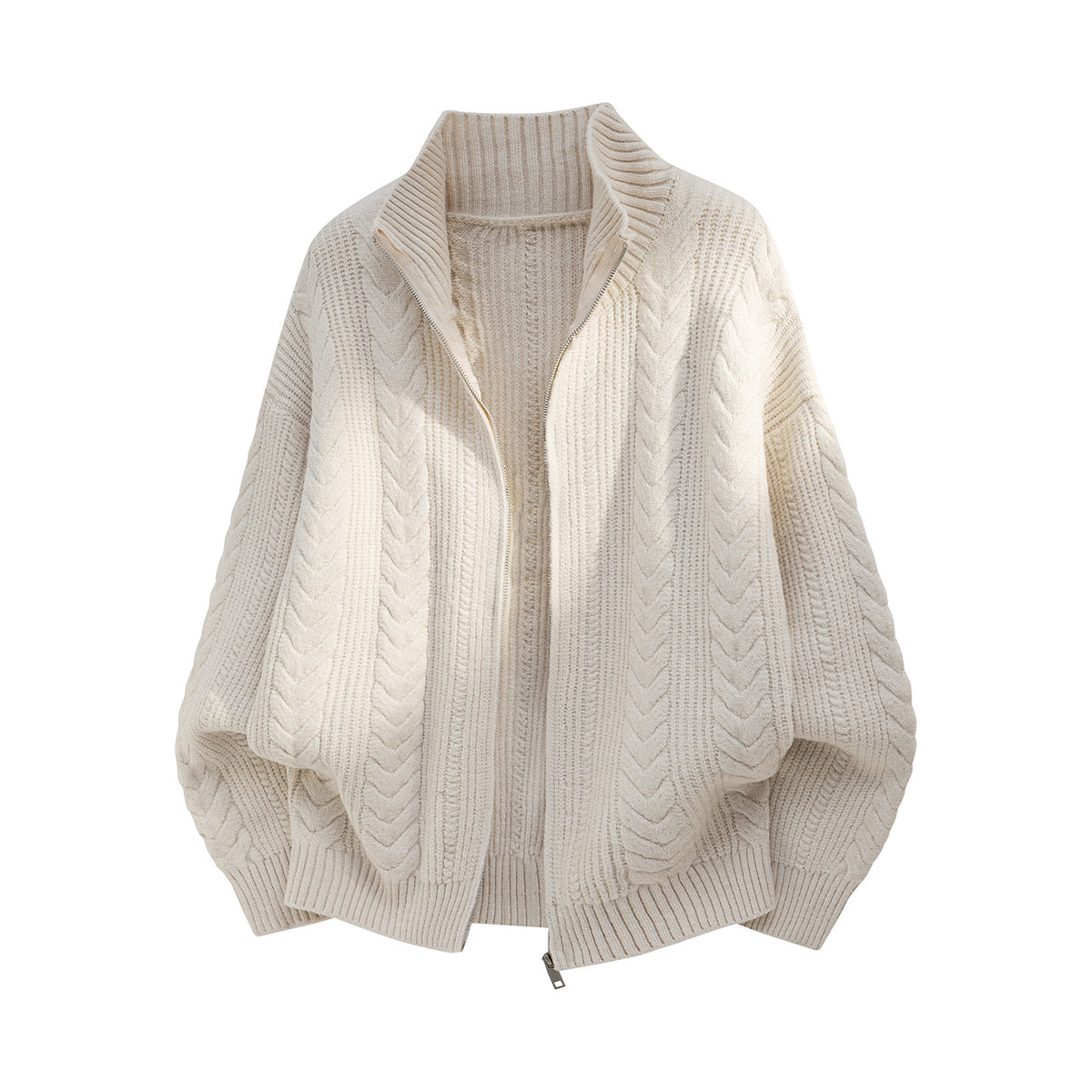 Cable Knit Zip Cardigan, Stand Collar, Relaxed Fit – Men – Cream – front