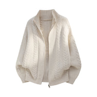 Cable Knit Zip Cardigan, Stand Collar, Relaxed Fit – Men – Cream – front