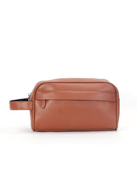 Woven Leather-Look Zip Pouch, Wrist Strap – Men – Tan – front