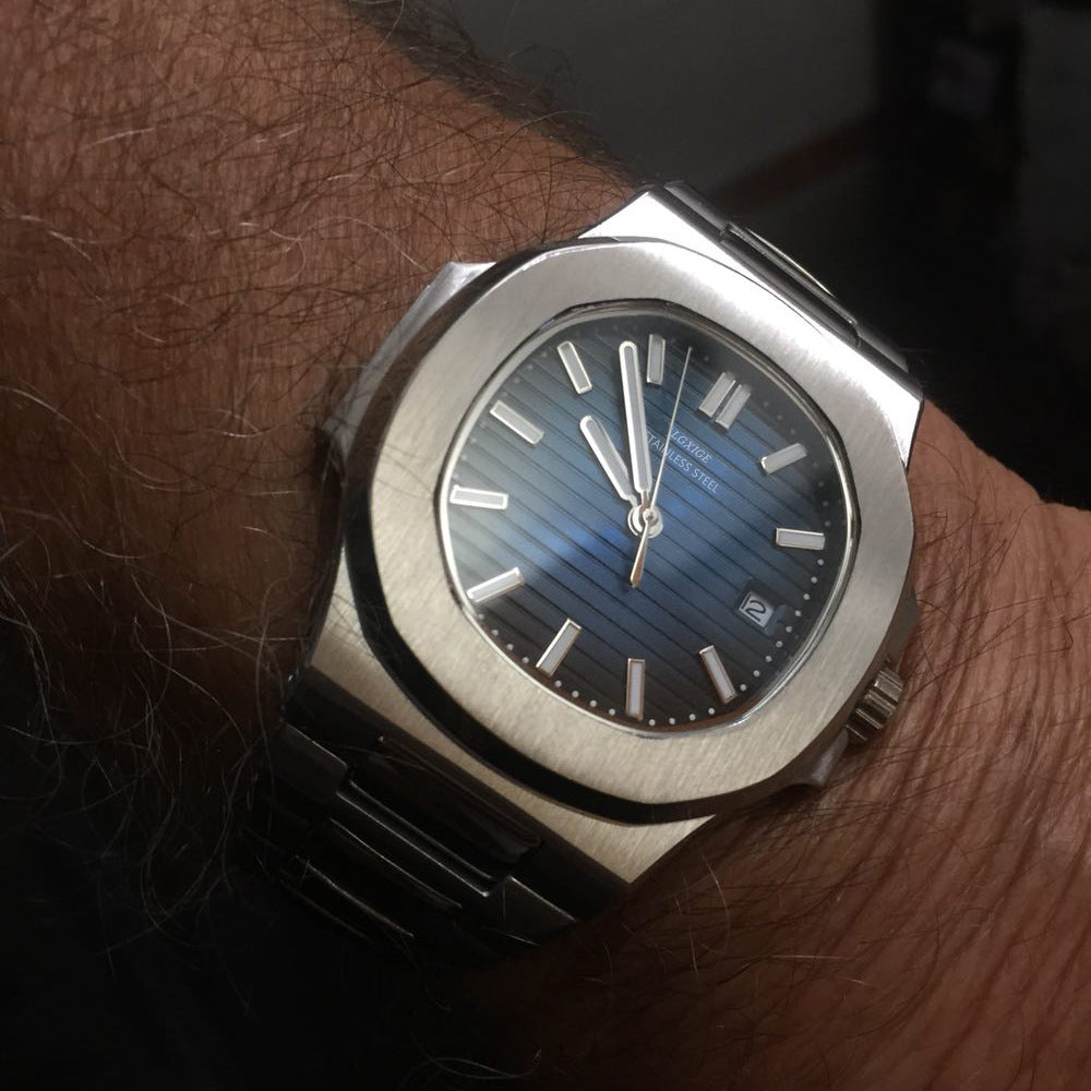 Steel Integrated-Bracelet Watch, Sapphire Glass – Men – Steel · Blue Dial – on the wrist
