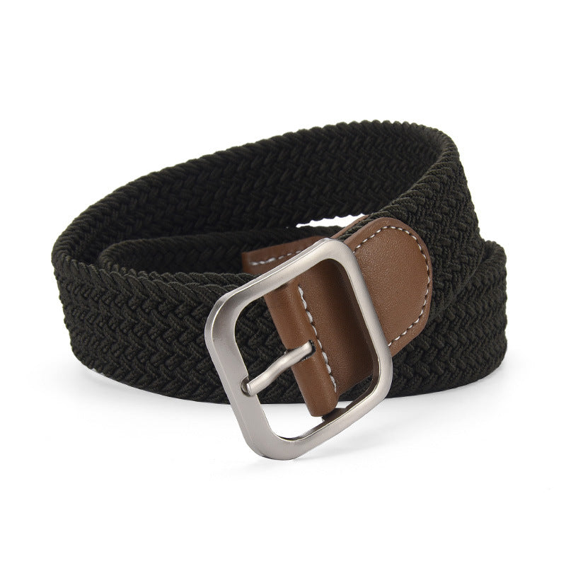 Woven Stretch Belt with Leather-Look Tab – Men – Forest Green · Brown Tab – front