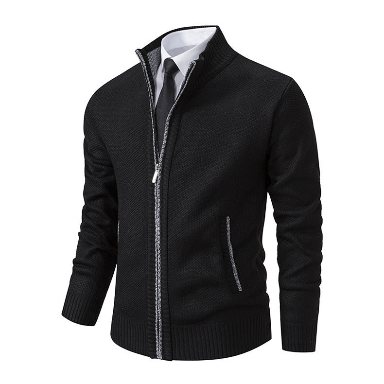 Marled Knit Zip Cardigan, Stand Collar – Men – Black – front