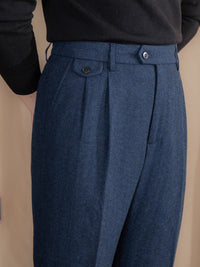 Herringbone Pleated Trousers, High Waist – Men – Navy – pleat detail