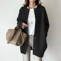 Long Round-Neck Knit Cardigan Coat – Women – Black – worn