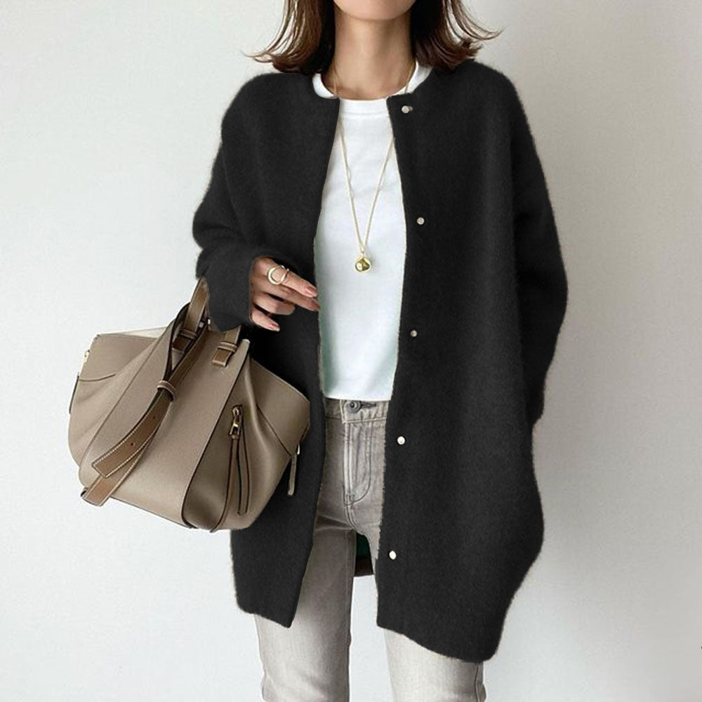 Long Round-Neck Knit Cardigan Coat – Women – Black – worn