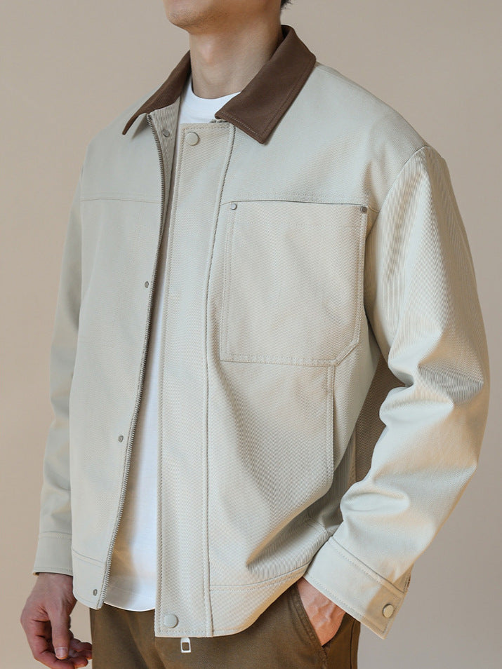 Chore Jacket with Contrast Collar – Men – Stone – worn