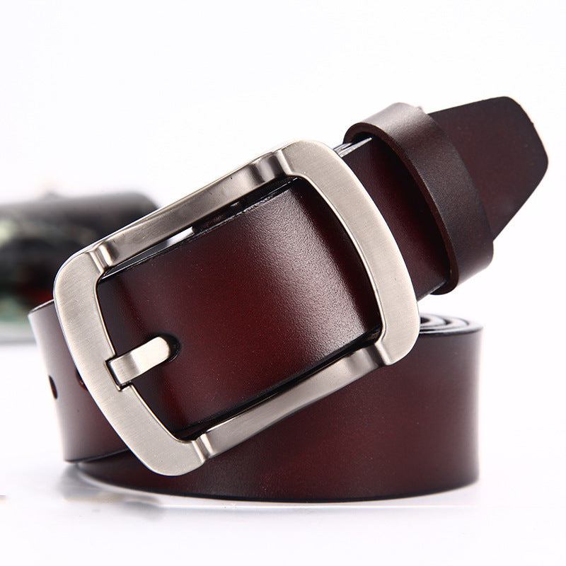 Wide Leather Belt, Brushed Buckle – Men – Brown · Rounded Buckle – front