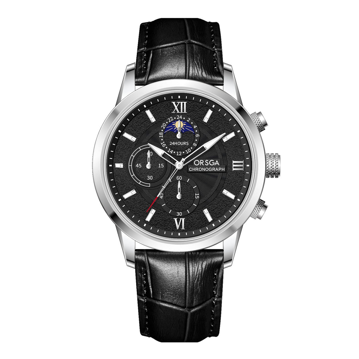 Moon-Phase Chronograph Watch – Men – Silver · Black Dial · Black Leather – front