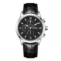 Moon-Phase Chronograph Watch – Men – Silver · Black Dial · Black Leather – front