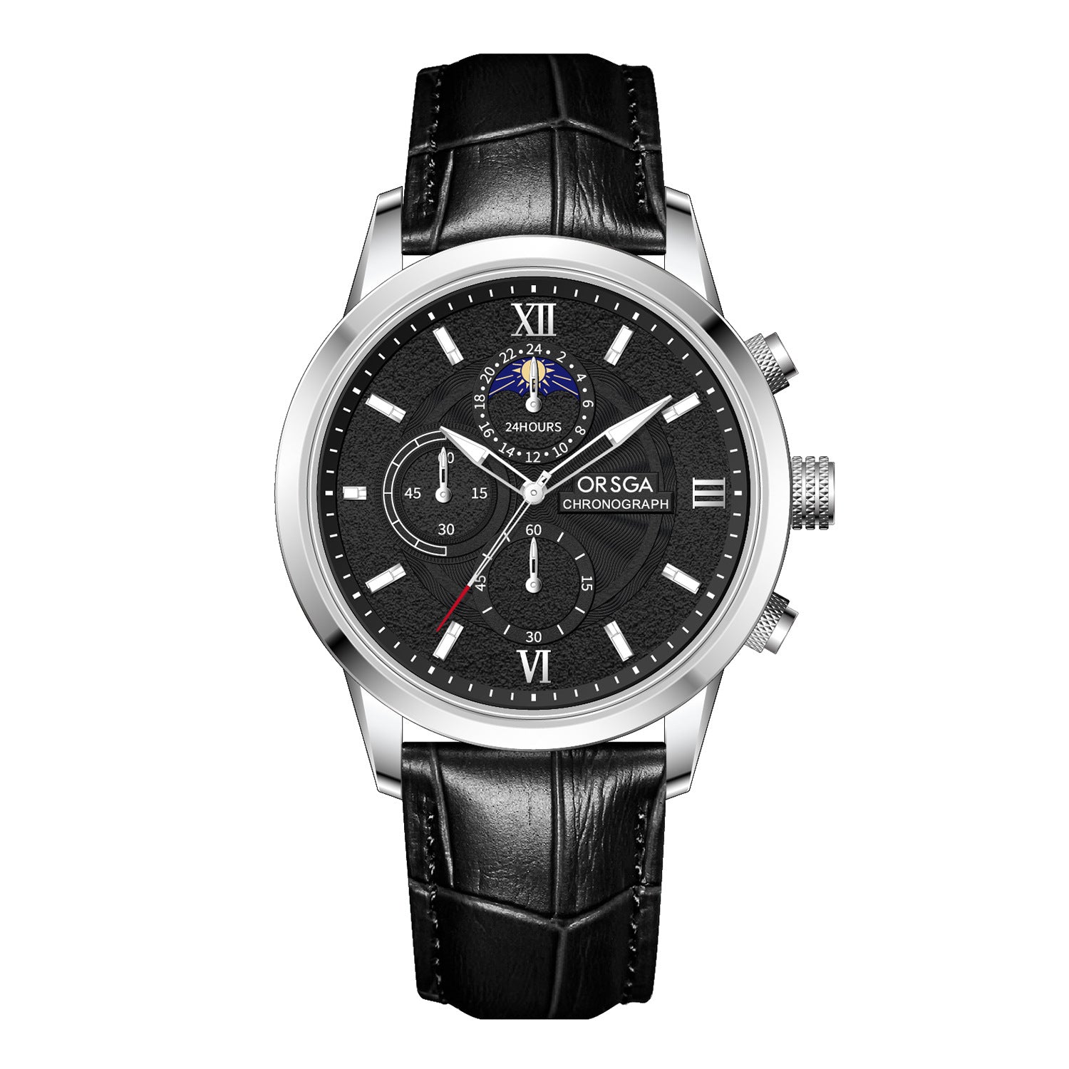 Moon-Phase Chronograph Watch – Men – Silver · Black Dial · Black Leather – front
