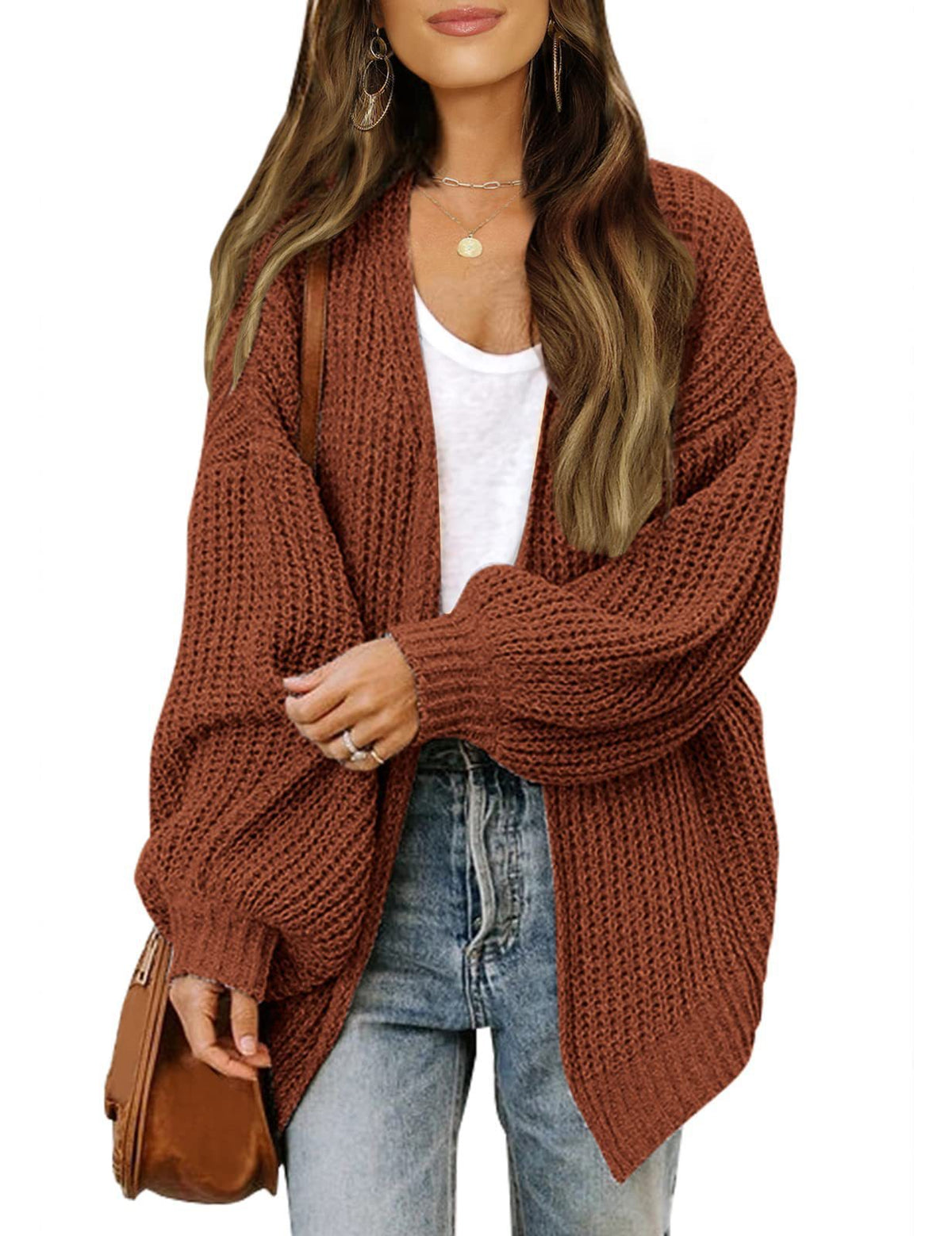 Chunky Knit Open Cardigan with Balloon Sleeves – Women – Brown – worn