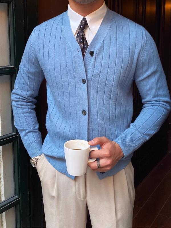 Wide-Rib V-Neck Button Cardigan – Men – Light Blue – worn, with coffee
