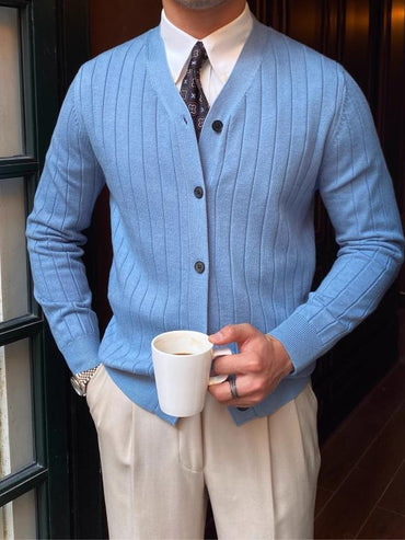Wide-Rib V-Neck Button Cardigan – Men – Light Blue – worn, with coffee