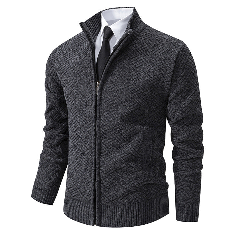 Fleece-Lined Basket-Weave Zip Cardigan – Men – Charcoal – front