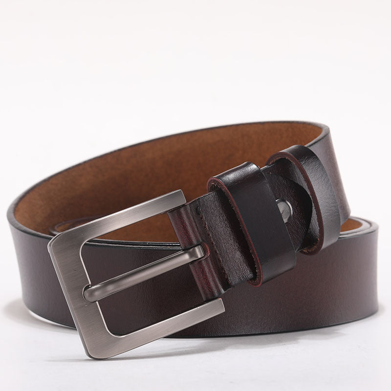 Cowhide Leather Belt, Brushed Buckle – Men – Brown · Classic Pin Buckle – front