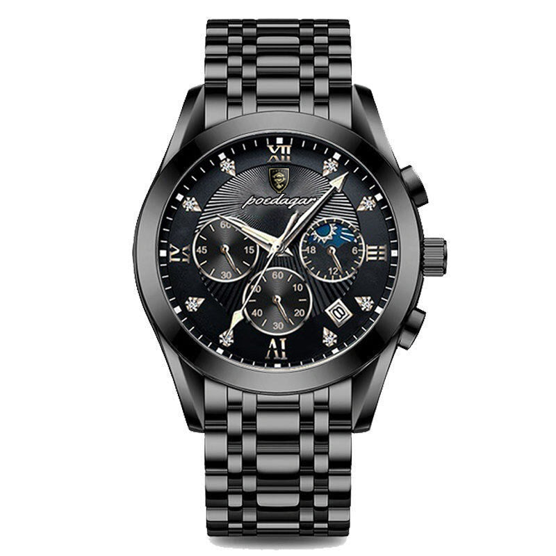 Sapphire-Glass Dress Watch, Date, Leather or Steel – Men – Black · Black Dial · Steel Bracelet – front