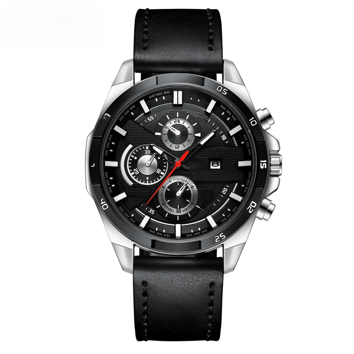 Sport Chronograph Watch, Leather or Steel – Men – Silver · Black Dial · Black Leather – front