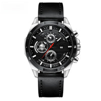 Sport Chronograph Watch, Leather or Steel – Men – Silver · Black Dial · Black Leather – front