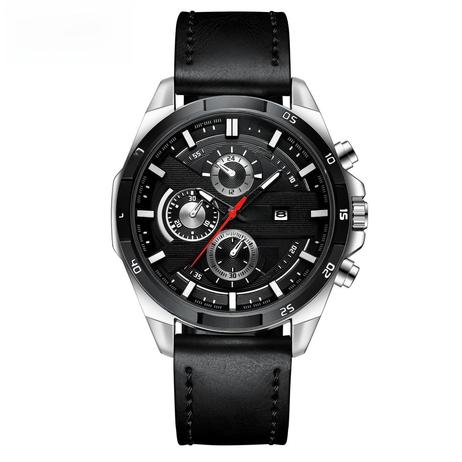 Sport Chronograph Watch, Leather or Steel – Men – Silver · Black Dial · Black Leather – front