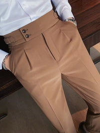 High-Waist Pleated Trousers, Double-Button Waist – Men – Camel – pleat detail