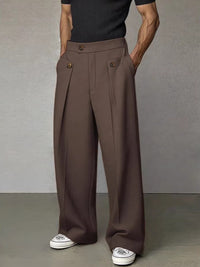 Wide-Leg Pleated Trousers, Button Flap Front – Men – Brown – worn