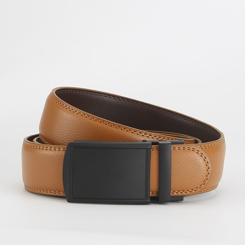 Leather Ratchet Belt, Slim Buckle – Men – Tan · Black Plate Buckle – front