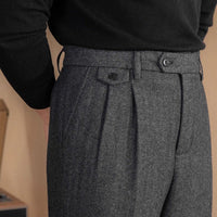 Herringbone Pleated Trousers, High Waist – Men – Grey – side