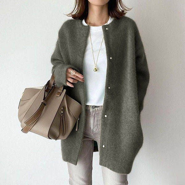 Long Round-Neck Knit Cardigan Coat – Women – Olive – worn