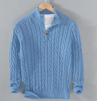 Cable Knit Quarter-Zip Sweater – Men – Light Blue – front