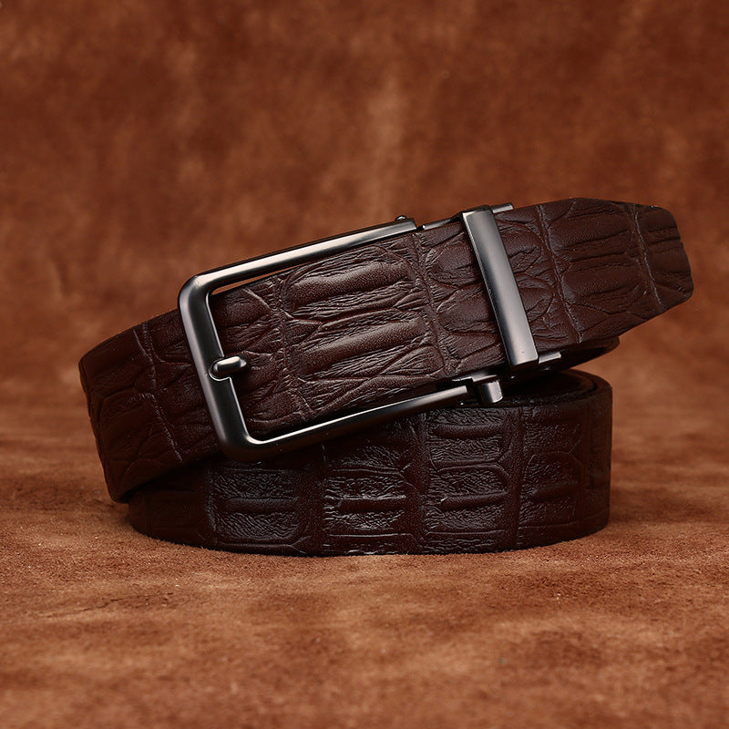 Croc-Embossed Leather Belt, Pin Buckle – Men – Brown – front