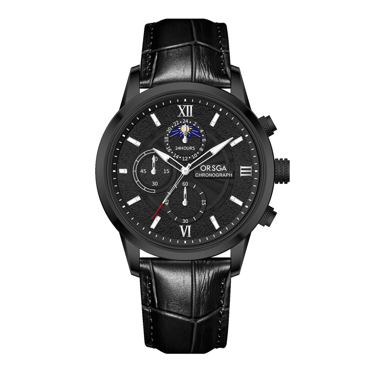 Moon-Phase Chronograph Watch – Men – Black · Black Dial · Black Leather – front
